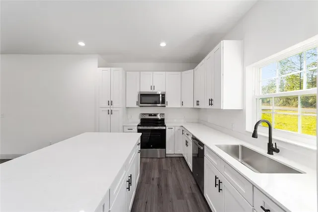 a kitchen with a sink a counter top space stainless steel appliances and cabinets