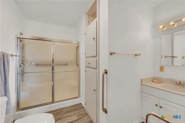a bathroom with a shower and toilet