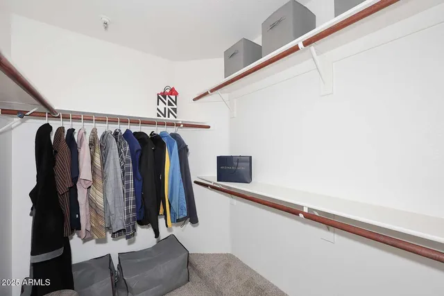 a view of walk in closet with clothes and shoes