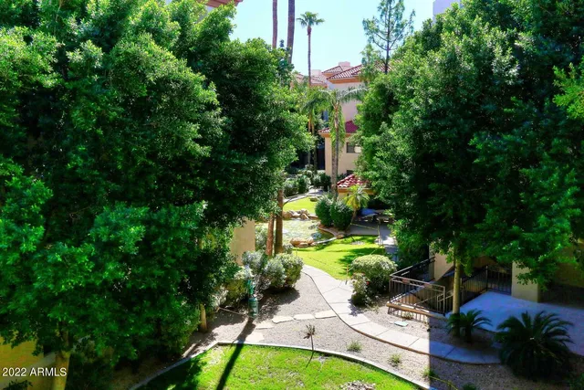 a view of backyard with outdoor seating and green space