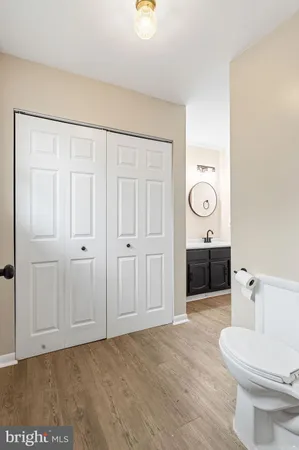 a bathroom with a toilet a sink and mirror