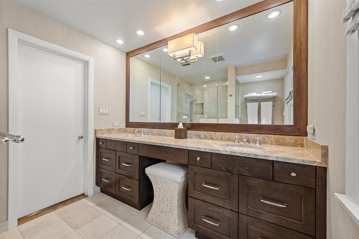 356 Sheridan Road Glencoe, IL 60022 - Photo 20 of 33 a bathroom with a granite countertop sink a large mirror and a shower
