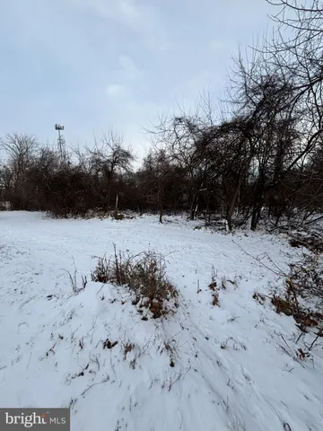 a view of a dry yard covered with snow in the background