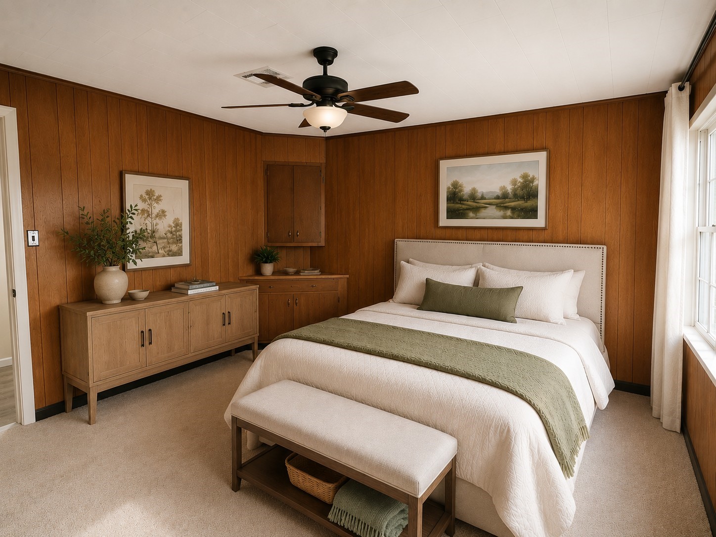 201 Verna Street Jasper, TX 75951 - Photo 15 of 24 This cozy secondary bedroom features rich wood paneling, a built-in cabinet, and the convenience of an attached half bath, perfect for comfort and privacy.