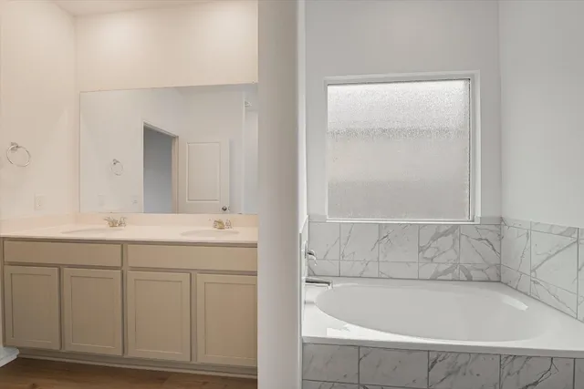 a bathroom with a tub sink and mirror