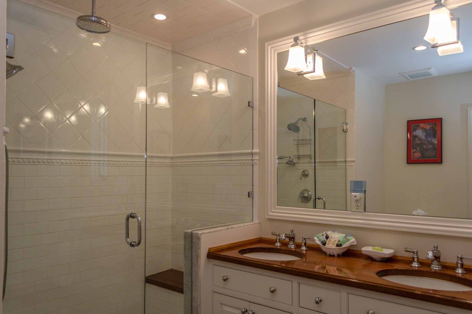 37 Simpsons Lane Edgartown, MA 02539 - Photo 15 of 28 a bathroom with a granite countertop sink a shower and a mirror
