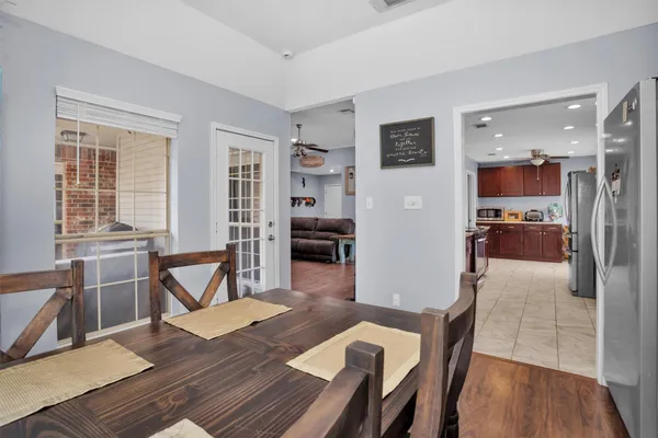 a living room with furniture and a table