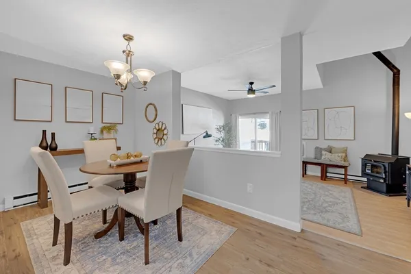 a view of a dining room with furniture