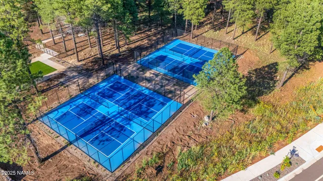 an aerial view of residential houses with outdoor space