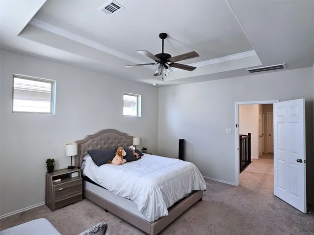 a bedroom with a bed and a ceiling fan
