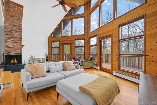 a living room with furniture a fireplace and windows