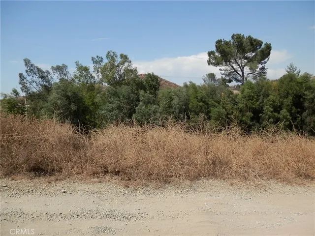a view of a dry yard with wooden fence