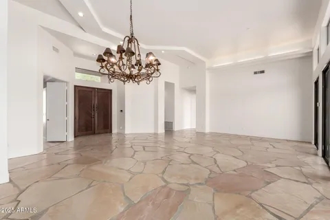 a view of a chandelier in a room