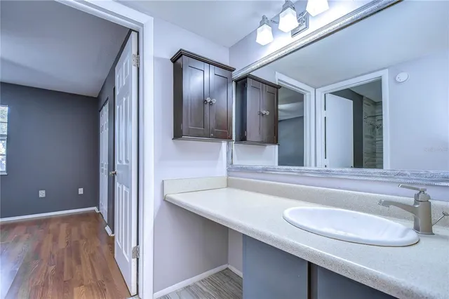 a bathroom with a sink and a mirror