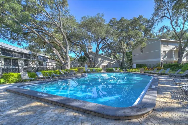 a view of a backyard with plants and outdoor seating