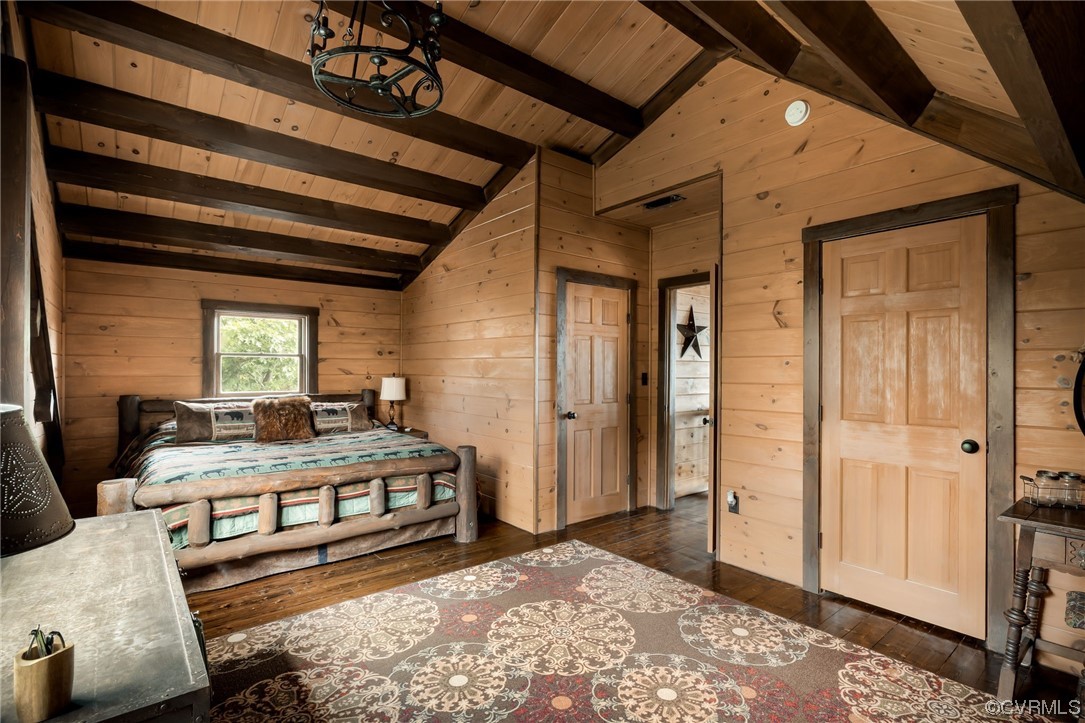 1797 Flattop Mountain Road Free Union, VA 22940 - Photo 18 of 43 Bedroom featuring lofted ceiling with beams, dark hardwood floors