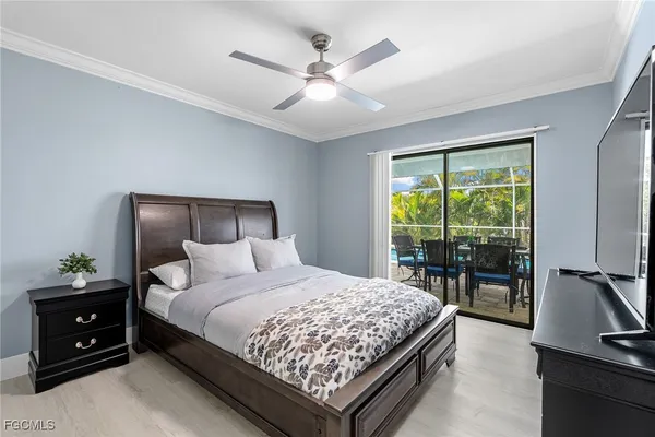 a bedroom with a bed and a table