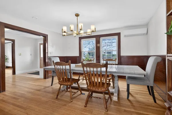 a view of a dining room with furniture window and wooden floor