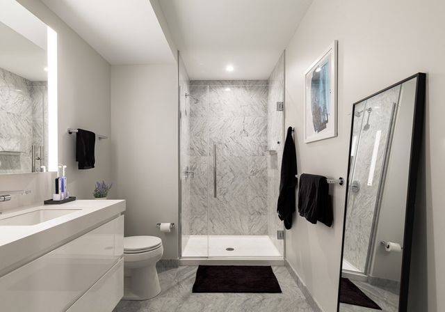 a bathroom with a double vanity sink a toilet a mirror and shower