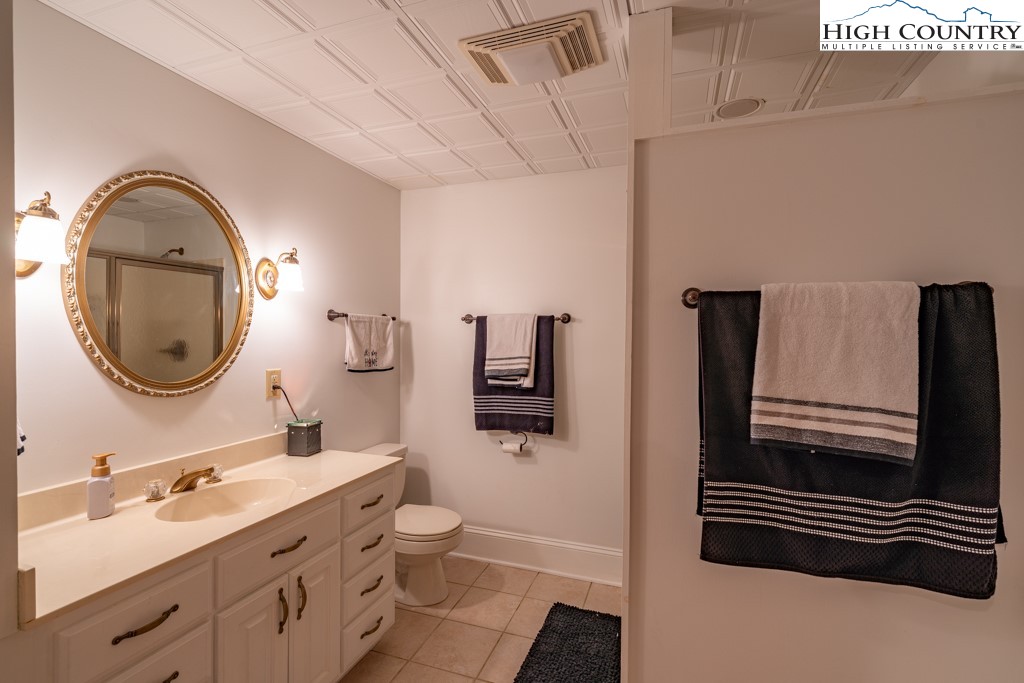 6985 Junaluska Road Boone, NC 28607 - Photo 18 of 49 a bathroom with a sink a mirror a toilet and a shower curtain