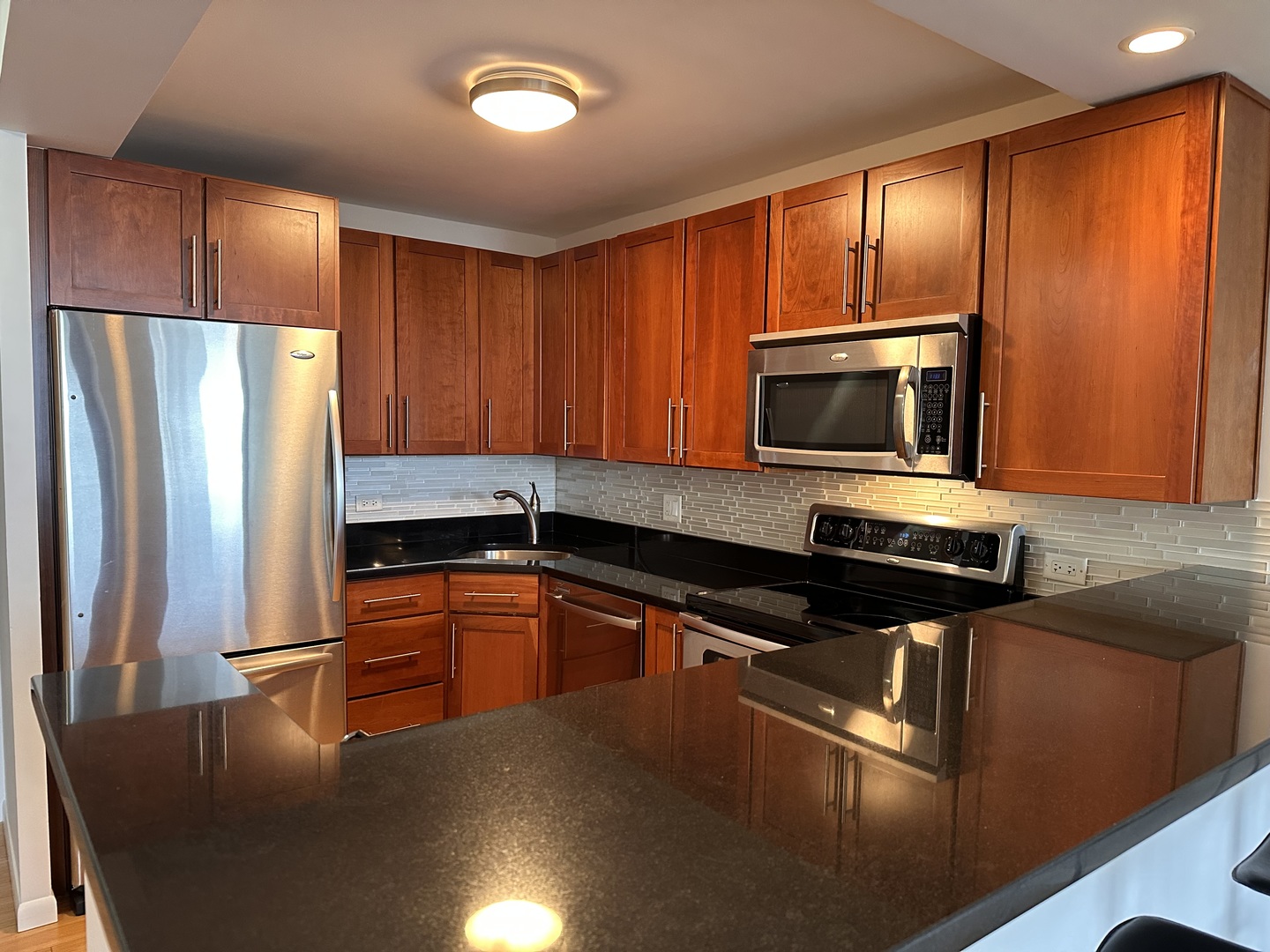 Undisclosed Address Chicago, IL 60610 - Photo 6 of 16 a kitchen with granite countertop a refrigerator stove and microwave