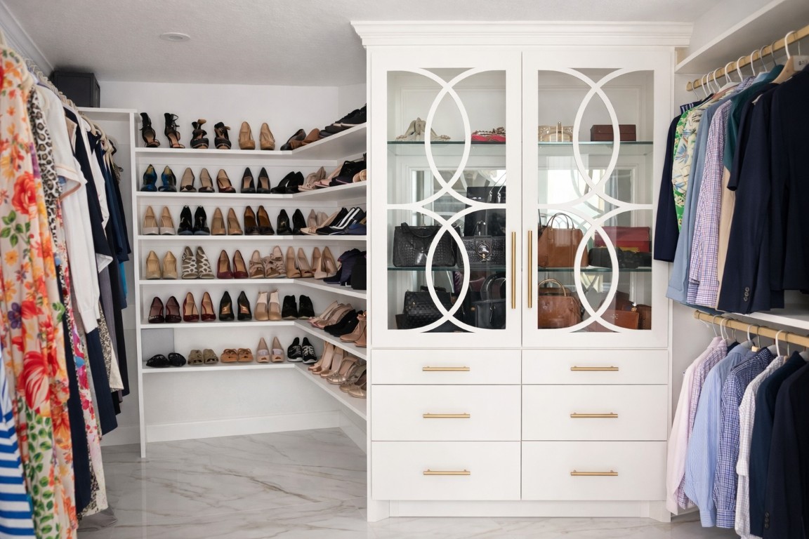 5515 Chase Harbor Houston, TX 77041 - Photo 9 of 48 Designed like a luxury boutique, the custom closet offers generous built-ins, organized shelving, and refined finishes that make everyday living feel elevated. Beautifully tailored storage that blends form and function.