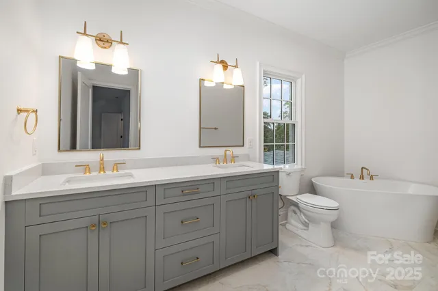 a bathroom with a double vanity sink mirror and toilet