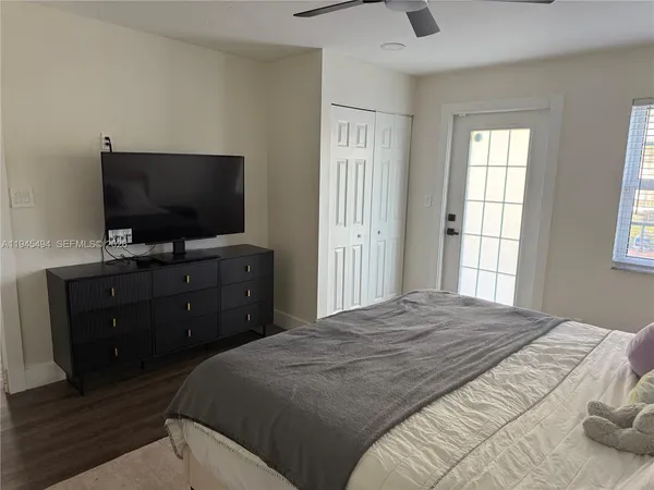 a bedroom with a bed and a flat screen tv