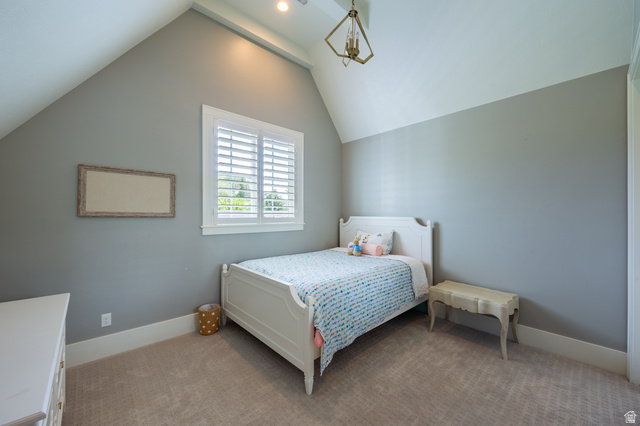 630 East Center Street Alpine, UT 84004 - Photo 52 of 115 Spacious room featuring vaulted ceilings, light gray walls, a window with plantation shutters, and recessed lighting