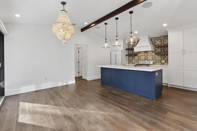 a view of kitchen and kitchen counter space