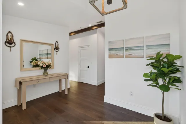 a view of a hallway with wooden floor and a potted plant