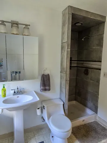 a bathroom with a sink toilet and shower