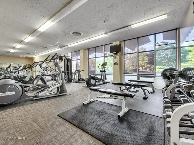 a room with gym equipment and floor to ceiling window