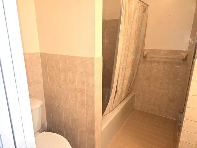 a bathroom with a shower and toilet