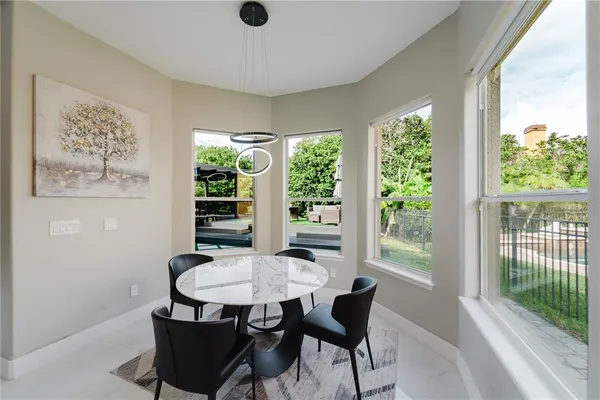 a view of a dining room with furniture window and outside view