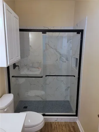 a bathroom with a shower and toilet