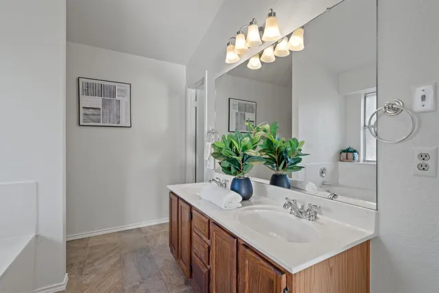 a bathroom with a sink vanity and a mirror