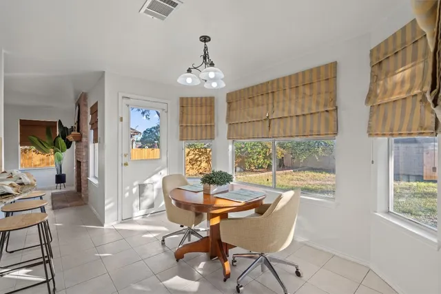 a view of a dining room with furniture window and outside view