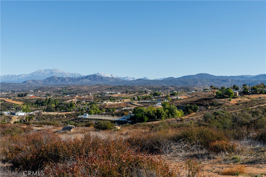 a view of a lush green field with mountains in the background