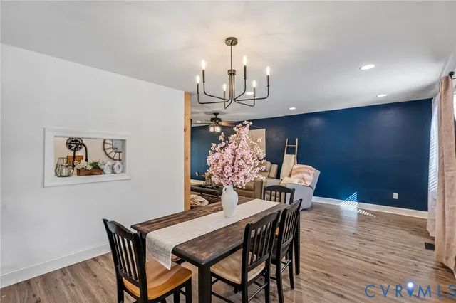 a view of a dining room with furniture
