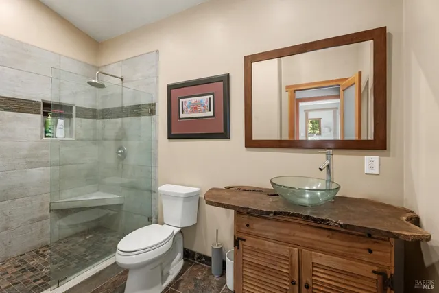 a bathroom with a granite countertop toilet sink and mirror