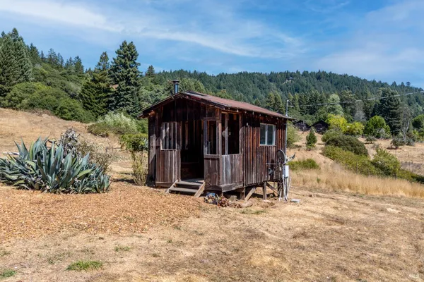 a view of a house with backyard and trees