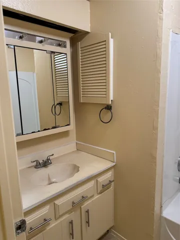 a bathroom with a sink and a mirror