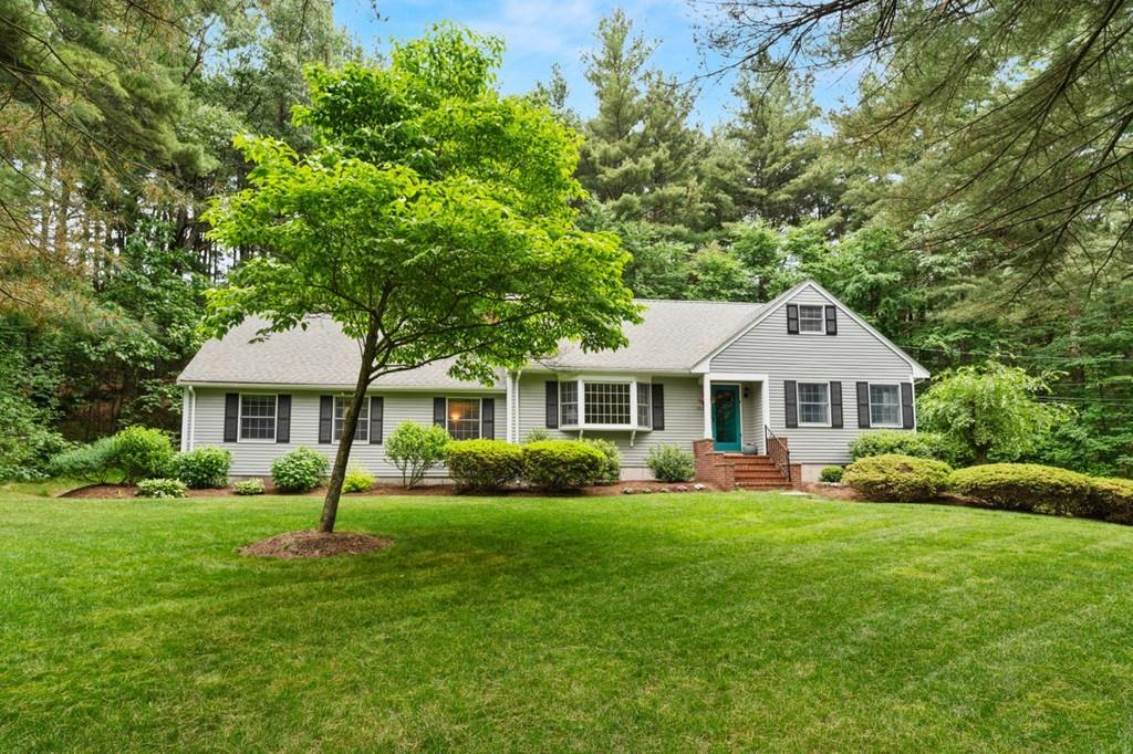 a front view of a house with a yard tree and green space