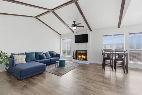 a living room with furniture and a potted plant