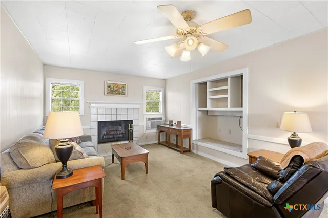 a living room with furniture and a fireplace