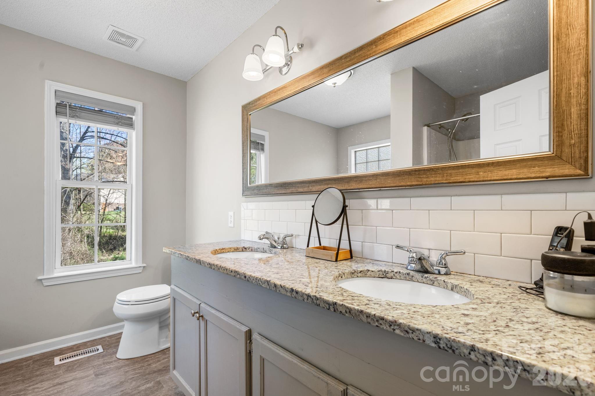 120 Wesley Court Crouse, NC 28033 - Photo 24 of 36 a bathroom with a granite countertop sink and a toilet