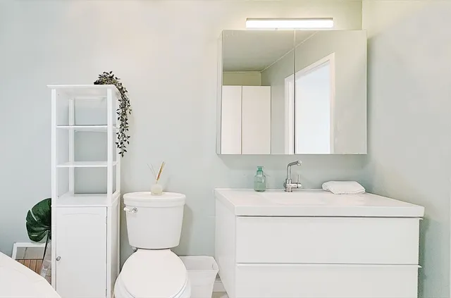 a bathroom with a toilet sink and mirror