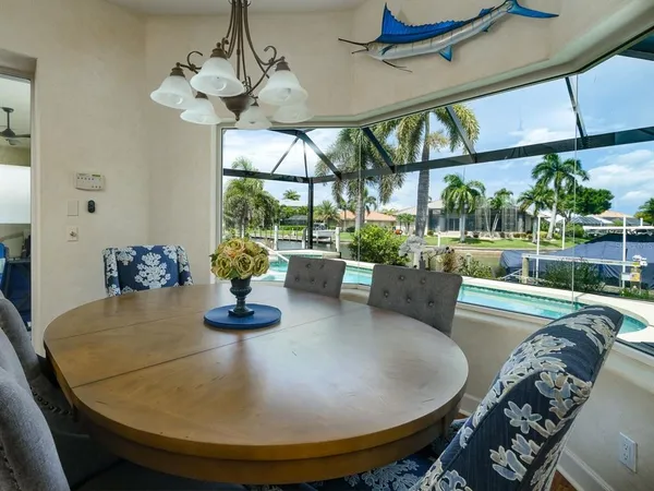 a view of a dining room with furniture window and outside view