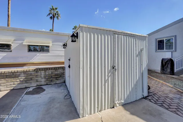 a view of a porch of a house